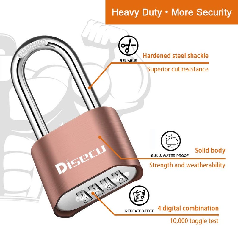 Disecu 2 Pack disecu Heavy Duty 4 Digit Combination Lock, 2.5 Inch Long Shackle Outdoor Waterproof Padlock for School Gym Locker, Storage Unit, Fence, Gate, Toolbox (Brass) - Image 3